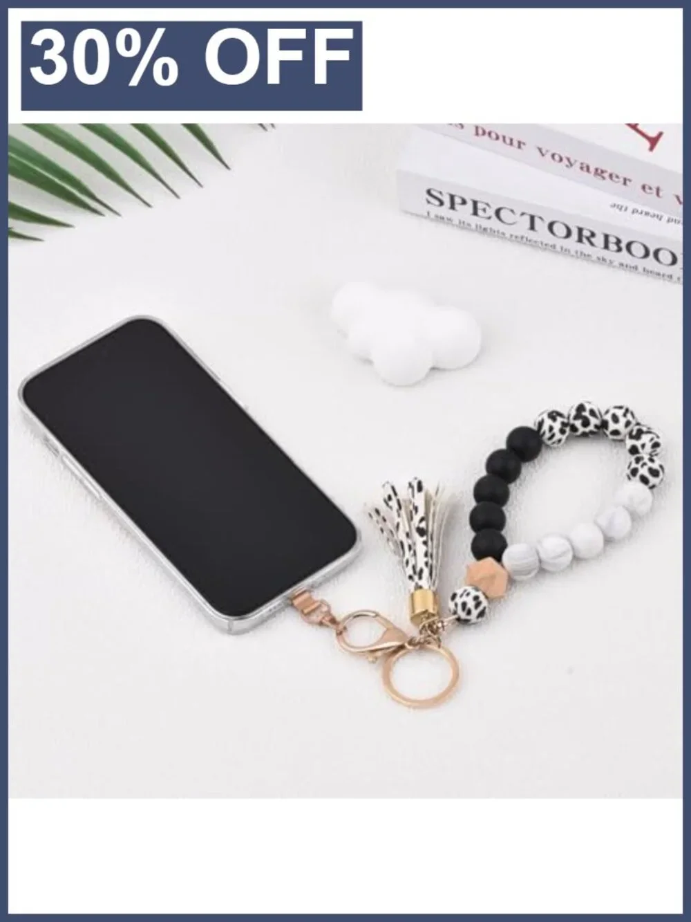 Silicone Beaded Key Ring Bracelet Wristlet Keychain with Leather Tassel